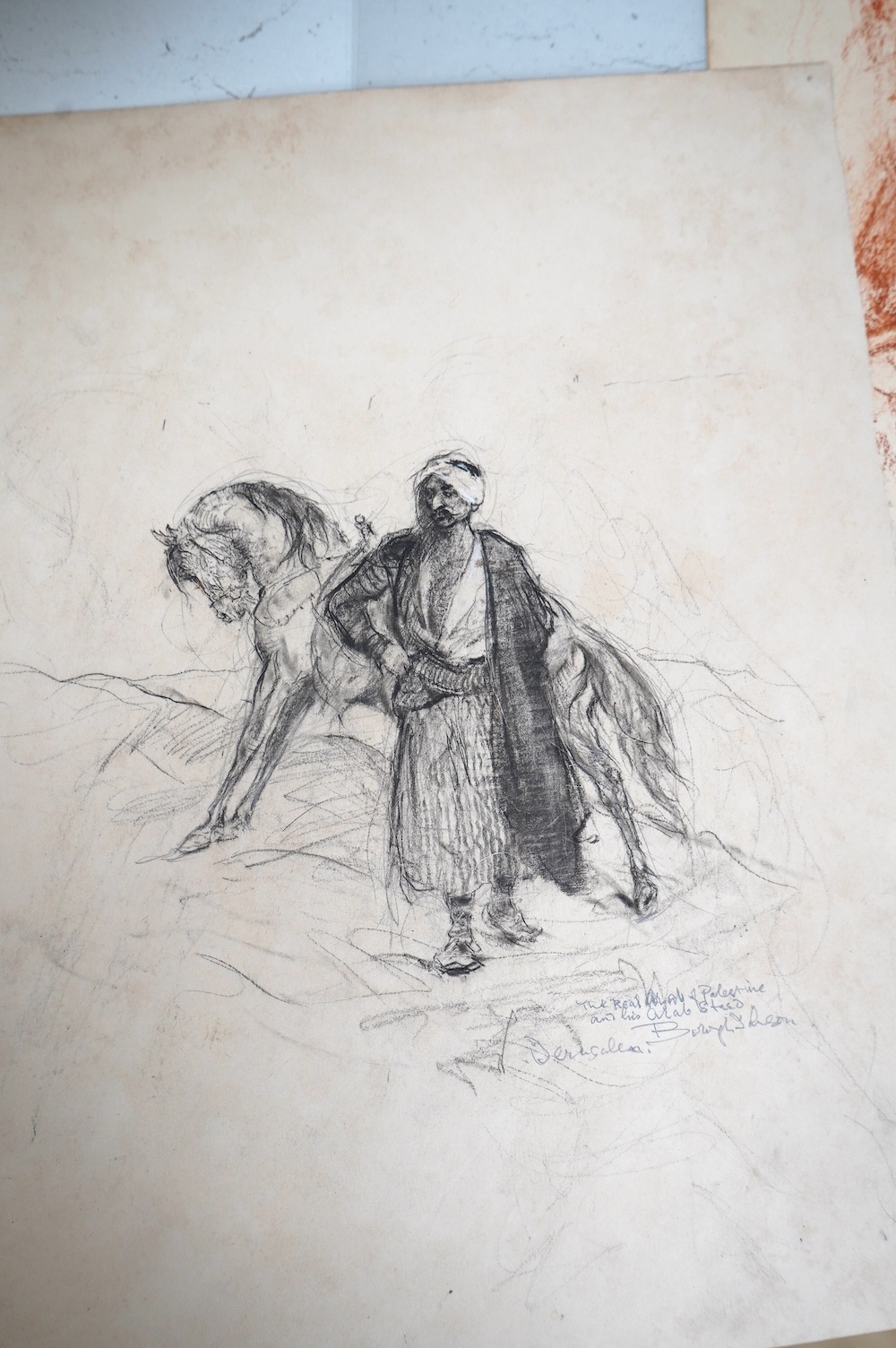 Ernest Borough Johnson (British 1867-1949), four works; The Pearly Queen, etching, 22.5 x 17cm; 'The Real Arab of Palastine...', charcoal and chalk, 29 x 22cm; Mother and child, sepia chalk, 37 x 22cm & Greek Orthodox pr